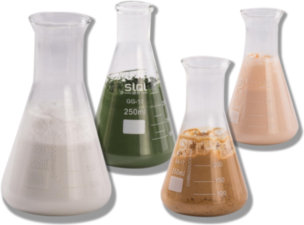Functional material samples in laboratory flasks